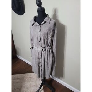 JOH Grey Faux Suede Belted Long Sleeve Shirt Dress XL Style 2091